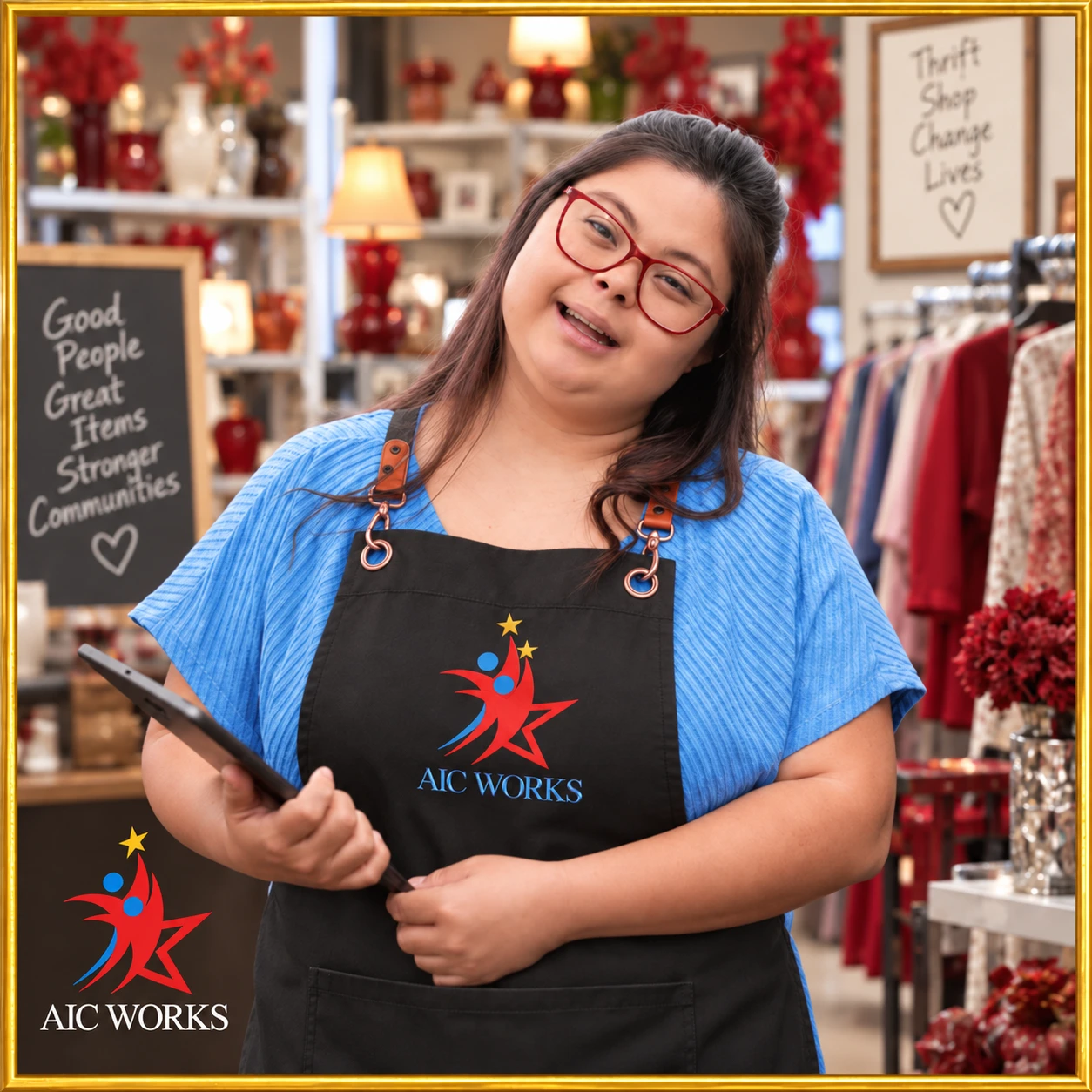 AIC Works&trade; trainer guiding a participant through hands-on workplace learning and clothing preparation in a thrift store.